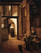 Pieter de Hooch Woman Peeling Vegetables in the Back Room of a Dutch House oil